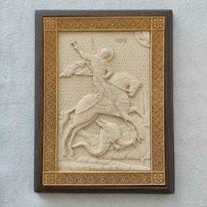 Carved wooden icon handmade.George the Victorious.St. George. Heavenly Patron of Georgia.Orthodox catholic icons.