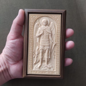Carved wood icon handmade.Holy Archangel Michael.Archangel Gabriel.Angel.Spiritual patron.Spiritual mentor.Orthodox.Catholic.Religious Gift