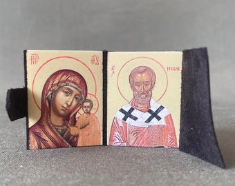 Diptych. Folding icon. Double road folding. Kazan Icon of the Mother of God.St. Nicholas the Wonderworker.Handmade wooden icon.Gift.Souvenir