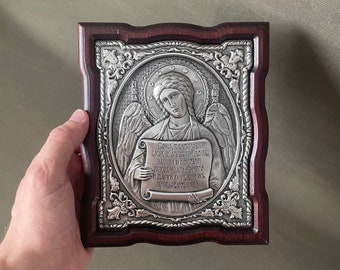 Handmade metal wooden icon.Silver icon of the Holy Guardian Angel. Guardian angel. Archangel Michael. Archangel Gabriel Orthodox icons. Gift