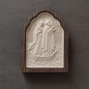 Carved wooden icon handmade.Saints Peter and Fevronia of Murom. David and Euphrosyne. Peter and Fevronia Day.A wedding gift. Religious gift.