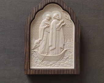 Carved wooden icon handmade.Saints Peter and Fevronia of Murom. David and Euphrosyne. Peter and Fevronia Day.A wedding gift. Religious gift.
