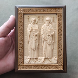 Gesneden houten pictogram handgemaakt. Heilige Apostelen Petrus en Paulus. Houten pictogram. Hoofdapostel. Religieus cadeau. Souvenir. Orthodox-katholiek pictogramHoutsnijwerk