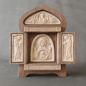 Carved handmade wooden icon.Triptych.Icon of the Sign of the Most Holy Theotokos.Folding.Archangel Michael.Archangel Gabriel.Religious Gift