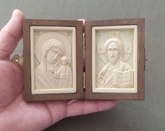 Wooden carved diptych.Folding.The Savior.Holy Mother of God.Jesus Christ.Kazan Icon of the Mother of God.Icons for travelers.Wedding couple.