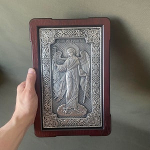 Icono de madera de metal hecho a mano. Icono de plata del Santo Ángel Guardián. Ángel guardian. Archangel Michael. Iconos ortodoxos del Arcángel Gabriel. Regalo