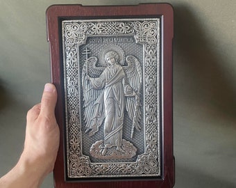 Handmade metal wooden icon.Silver icon of the Holy Guardian Angel. Guardian angel. Archangel Michael. Archangel Gabriel Orthodox icons. Gift