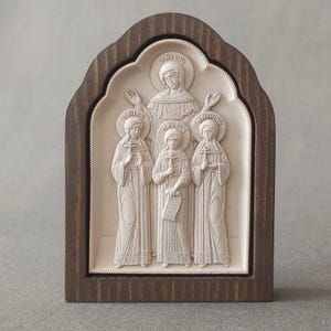 Icona in legno intagliato e fatto a mano. Fede, Speranza, Amore e la loro madre Sophia. Dono religioso. Pistis, Elpis e Agape. Santi cristiani. Ortodossi e cattolici.