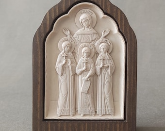 Carved wooden icon handmade.Faith,Hope, Love and their mother Sophia.Religious gift.Pistis,Elpis and Agape.Christian saints.OrthodoxCatholic