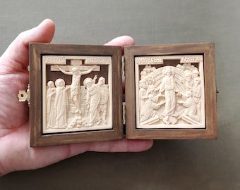 Carved handmade wood icon.Crucifixion of Jesus Christ. Resurrection of Christ.Diptych.Folding.Orthodox.Catholic.Easter.Inscription in Greek