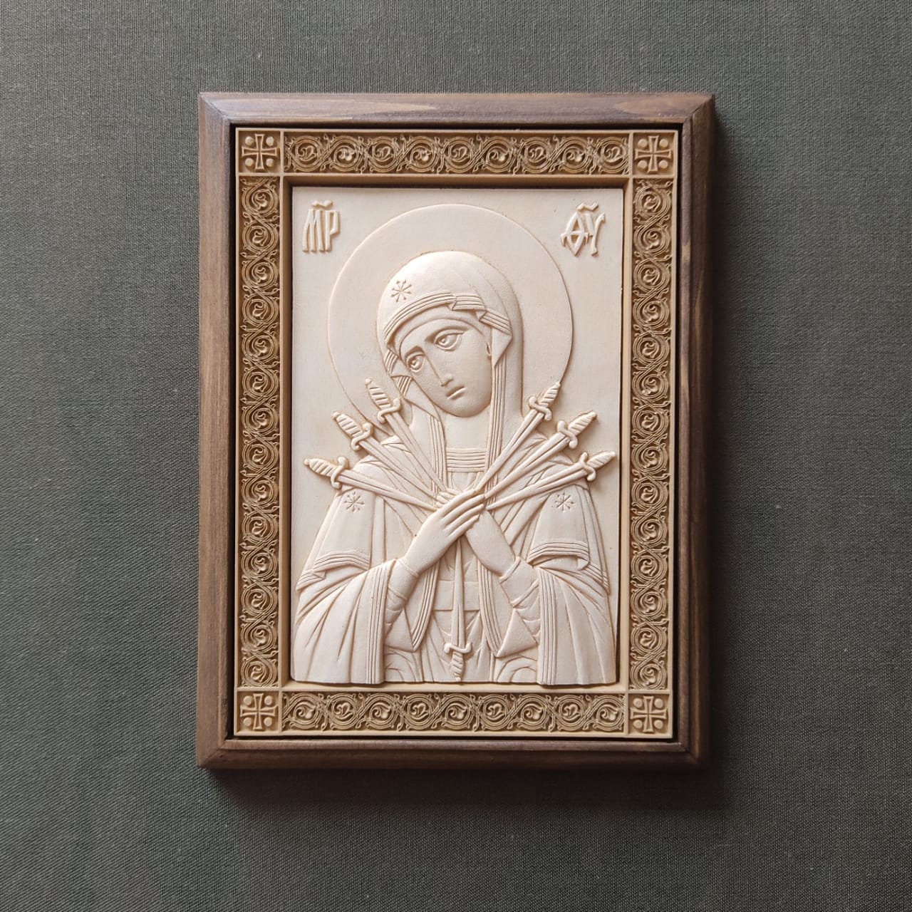 Seven-shot icon of the Mother of God.Icon of the Mother of God Softening of evil hearts.Our Lady of Sorrows Heirloom Icon.Carved wooden icon
