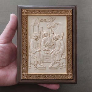 Carved wooden icon handmade.Icon of the Holy Trinity.Orthodox catholic icons.God.Jesus Christ.The Holy Spirit.Angel.Religious gift