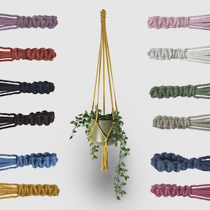 Peut inclure: Une suspension pour plantes en macramé jaune moutarde contenant un pot vert avec une plante retombante, entourée de douze extrémités de cordons en macramé de différentes couleurs dont lavande, rouge, noir, marron foncé, bleu, jaune, rose, blanc, sauge et beige.