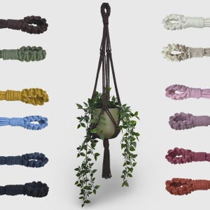 Pode incluir: Um suporte de plantas em macramé castanho escuro segurando uma planta verde em vaso com folhas pendentes, rodeado por doze amostras de cor individuais do mesmo design de corda atada em vários tons, incluindo azul, amarelo, rosa, vermelho e branco.