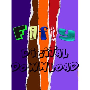 Puede incluir: Un gráfico de descarga digital colorido con la palabra "cincuenta" en una variedad de colores y fuentes. La palabra "descarga digital" también está incluida en texto negro.