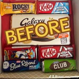 Puede incluir: Una caja llena de varias barras de chocolate, incluyendo Kit Kat, Galaxy y Rocky. Las barras est&aacute;n en sus embalajes originales, con colores brillantes y logotipos de marcas. La palabra "BEFORE" est&aacute; superpuesta en la imagen.