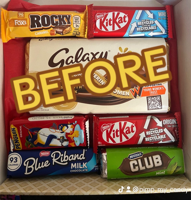 Puede incluir: Una caja llena de varias barras de chocolate, incluyendo Kit Kat, Galaxy y Rocky. Las barras est&aacute;n en sus embalajes originales, con colores brillantes y logotipos de marcas. La palabra "BEFORE" est&aacute; superpuesta en la imagen.