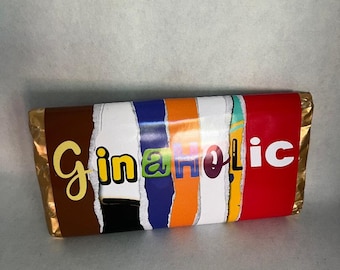 Verpakking van een chocoladereep met gin-thema - digitale download (JPEG) om thuis af te drukken.