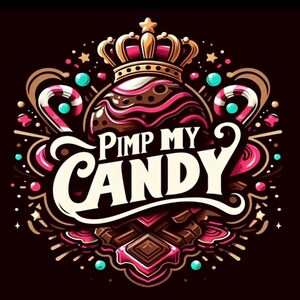 May include: A colorful illustration of a candy-themed design with a crown, candy canes, and chocolate. The text "Pimp My Candy" is featured in a bold, stylized font.