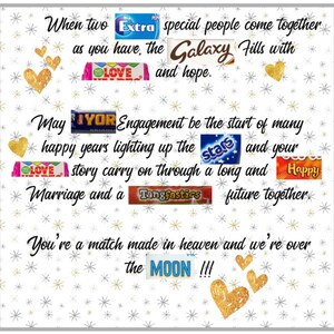 Pode incluir: Um cartão de felicitações com fundo branco e um padrão de pequenas estrelas. O cartão apresenta texto e imagens de embalagens de doces, incluindo "Extra", "Galaxy" e "Love". Corações dourados com glitter estão espalhados.