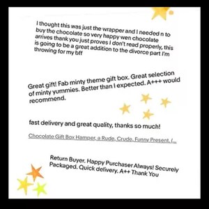 May include: A customer review for a chocolate gift box with a minty theme. The review is positive and includes five stars. The text reads "Great gift! Fab minty theme gift box. Great selection of minty yummies. Better than I expected. A+++ would recommend. Fast delivery and great quality, thanks so much!"