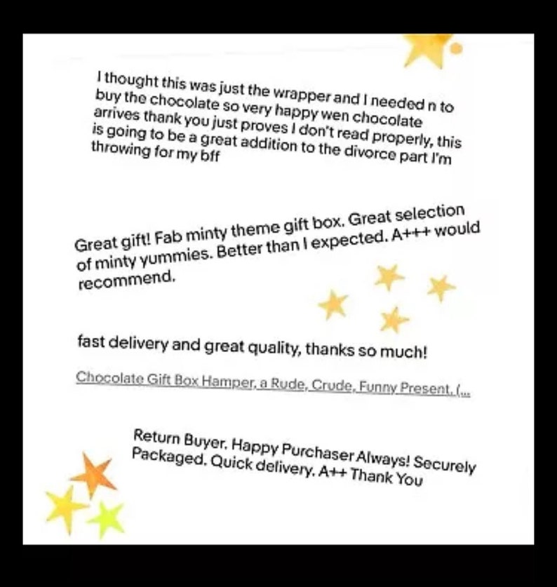 May include: A customer review for a chocolate gift box with a minty theme. The review is positive and includes five stars. The text reads "Great gift! Fab minty theme gift box. Great selection of minty yummies. Better than I expected. A+++ would recommend. Fast delivery and great quality, thanks so much!"