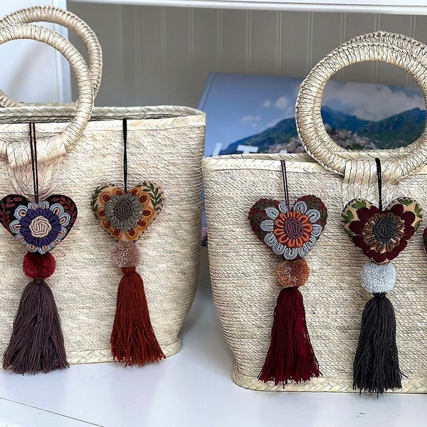 Embroidered felt heart tassels / mexican tassels / heart charms / mexican heart pom pom tassel / rear view mirror accessories / Gift
