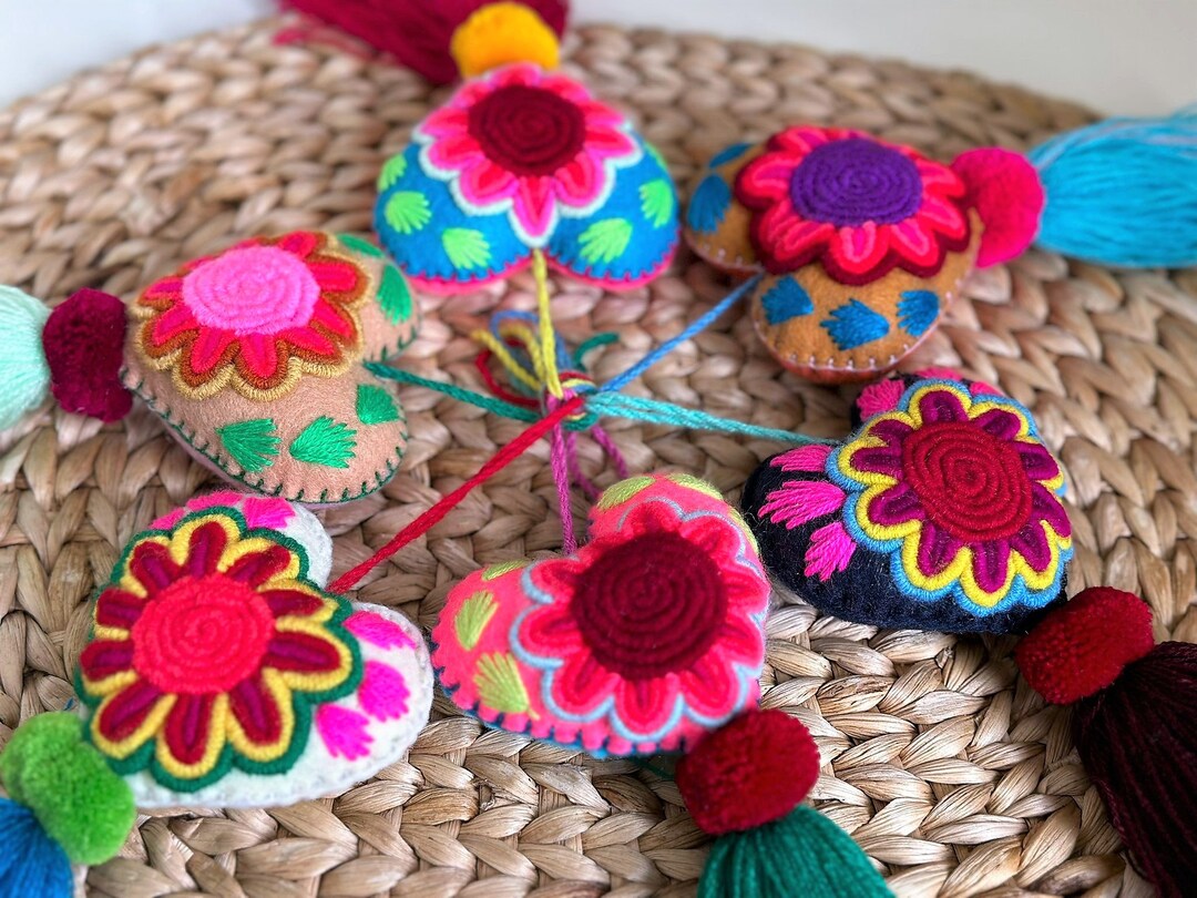 Embroidered Felt Heart Tassels / Mexican Tassels / Heart Charms