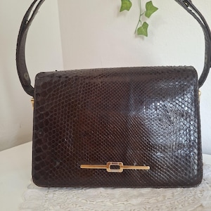 Vintage bruine schoudertas van echt pythonleer - Golden Erramenta elegante retro tas, uniek verzamelobject