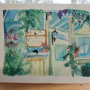 May include: Watercolor painting of a building with a porch, featuring a black cat sitting on a ledge, a sign with Japanese text, and lush greenery.