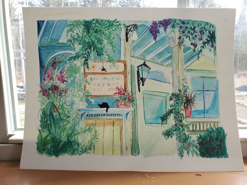 May include: Watercolor painting of a building with a porch, featuring a black cat sitting on a ledge, a sign with Japanese text, and lush greenery.
