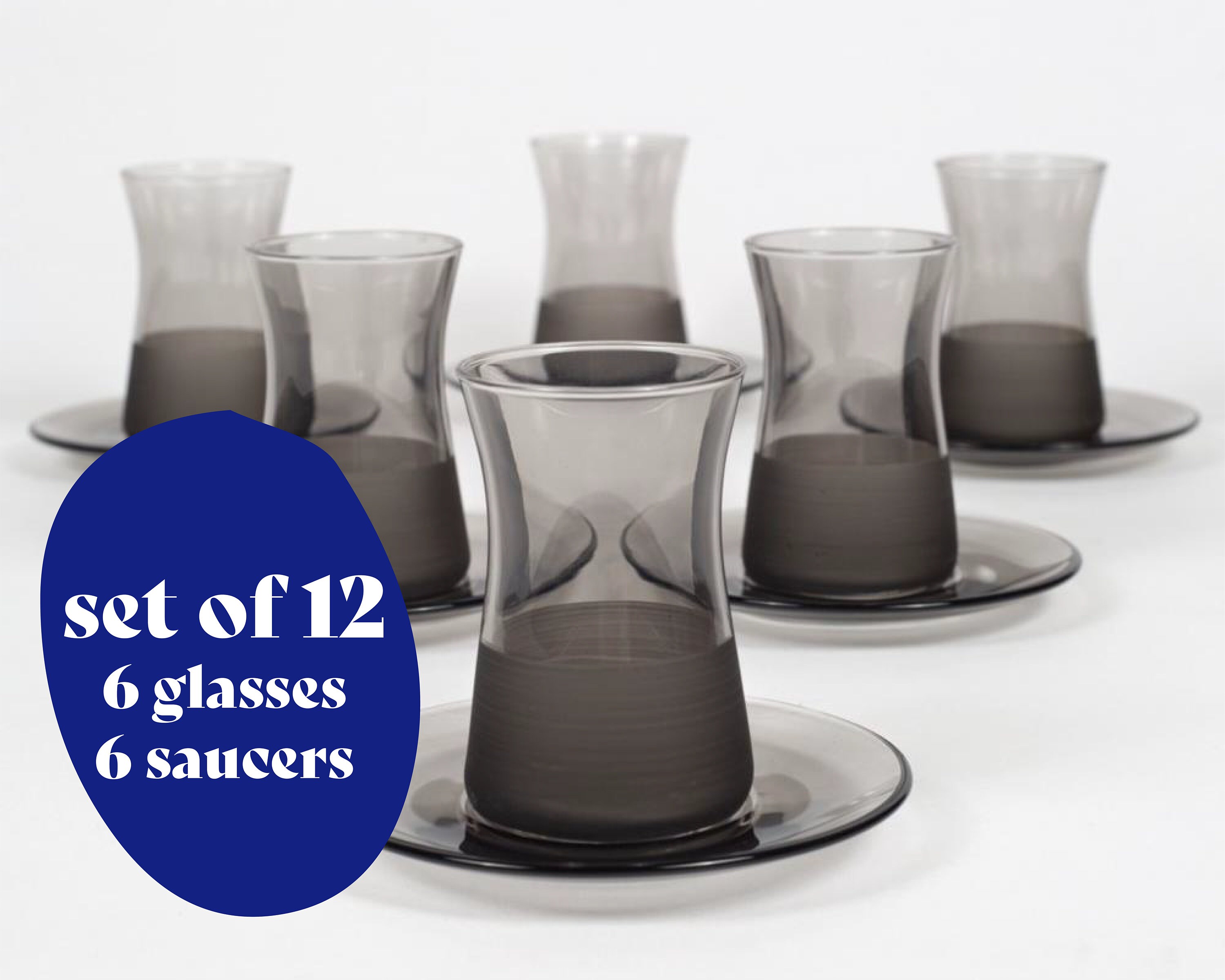 Set of 12 Turkish Tea Glass and Saucer Kitchen Tableware Black Turkish ...