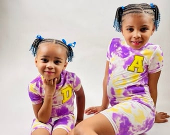 Kids Personalized Initial Pajama Yellow and Purple Tye Dye Short| Toddler Youth Infant| 2 Piece Set| Sleeper| Custom Pajamas| Girl Unisexs|