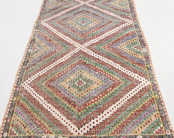 4x8 Vintage Turkish Kilim Rug: Red, Green Tribal Pattern