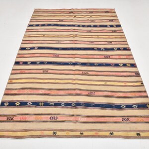 5x8 Kilim Blue & Cream Rug, Striped Pattern Modern Bohemian Carpet