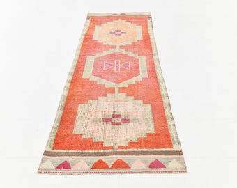 3x10 Retro VINTAGE TURKISH RUNNER Rug, 3x10 Turkish Runner, 3x10 Rug, Handmade Oushak Rug, Pale Red & Orange Rug, 3x10 Vintage Runner, Gift