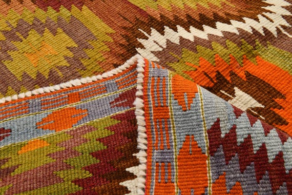 6x9 Green Orange Vintage Kilim Rug, 6x9 Kilim Rug, 6x9 Rug, Handmade Wool Rug, 6x9 Turkish Kilim, Geometric Bohemian Style, Rug For Bedroom