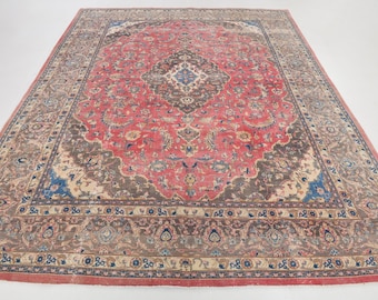 9x12 Red & Burgundy Oversize Vintage Rug, Large Area Rug, 9x12 Vintage Rug, Handmade Wool Rug, 9x12 Rug, Soft Pastel Boho, Vintage Rug 9x12
