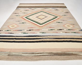 9x12 Cream Brown Oversize Kilim Rug, Large Area Rug, 9x12 Kilim Rug, Handmade Wool 9x12 Kilim, 9x12 Rug, Oriental Bohemian Style, Antique
