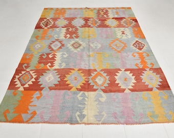 6x8 Light Blue Tribal Vintage Kilim Rug: Handmade Wool Traditional Living Room Carpet