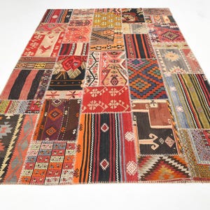 Vintage Kilim Patchwork Rug 7x10: Flatweave Wool Handmade Carpet, Rugs For Living Room