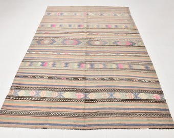 6x8 Kilim Rug, 6x8 TURKISH VINTAGE KILIM Rug, 6x8 Rug, Handmade Wool Rug, Green & Blue Kilim Rug, Farmhouse Decor, Pinstriped Pattern, Gifts