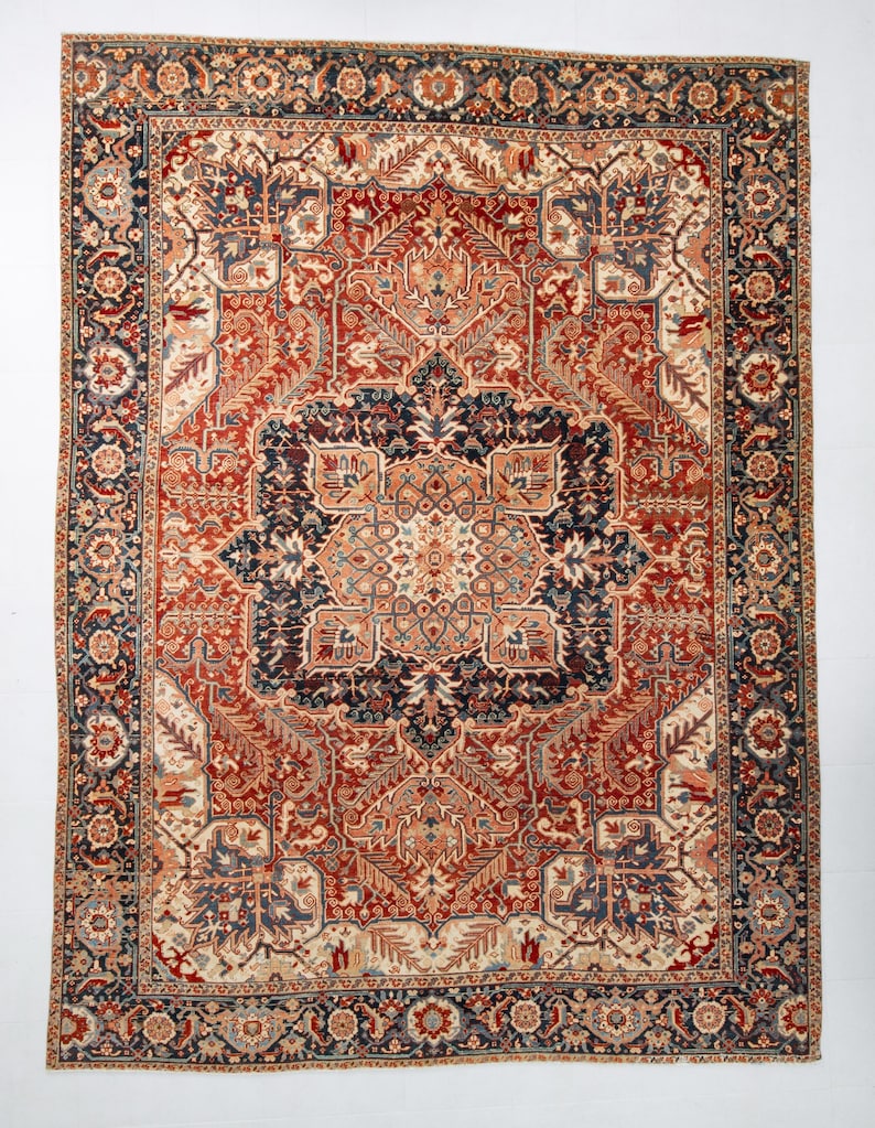 9x12 Red & Burgundy Oversize Vintage Rug, Large Area Rug, 9x12 Vintage Rug, Handmade Wool Rug, 9x12 Rug, Soft Pastel Boho, Vintage Rug 9x12 image 3