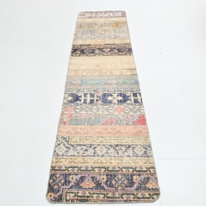 2 x 9 vintage loper, 2 x 9 neutraal vintage loper vloerkleed, handgemaakt smal tapijt, patchworkpatroon, uniek, tapijten voor Bobo-inzending