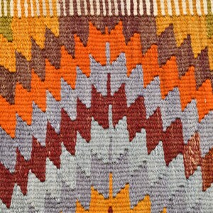 May include: Close-up of a woven textile with a repeating geometric pattern. The design features zig-zag shapes in shades of orange, red, grey, and brown. The top edge has a striped border with green, yellow, and white. This textile could be a rug or wall hanging.
