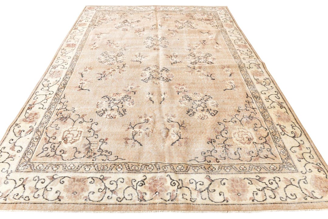 Cream Turkish Rug 7x10 Turkish Vintage Oushak Rug: Peach & Cream Colors, Handmade Wool ...