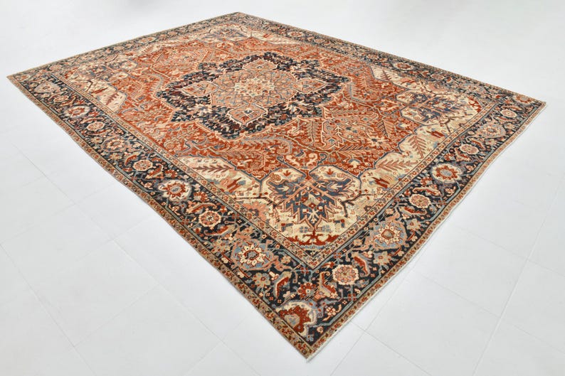 9x12 Red & Burgundy Oversize Vintage Rug, Large Area Rug, 9x12 Vintage Rug, Handmade Wool Rug, 9x12 Rug, Soft Pastel Boho, Vintage Rug 9x12 image 4