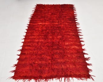 May include: A rectangular, red rug with a shaggy texture and fringed edges. The rug's deep red color and plush appearance suggest a cozy and warm aesthetic, suitable for a living room or bedroom.