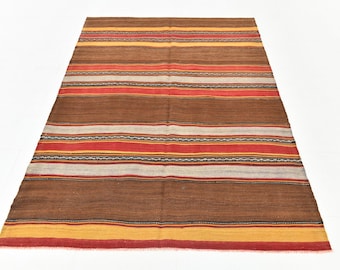 4x7 Orange Brown Vintage Kilim Rug, 4x7 Kilim Rug, 4x7 Rug, Handmade Wool Rug, 4x7 Turkish Kilim, 4x7 Area Rug, Striped Eclectic Style, Gift