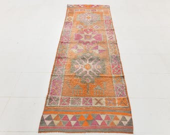 3x10 Runner Rug, 3x10 Pink Brunt Orange VINTAGE TURKISH RUNNER Rug, 3x10 Turkish Runner, Handmade Wool Rug, 3x10 Rug, Pink Orange Runner Rug